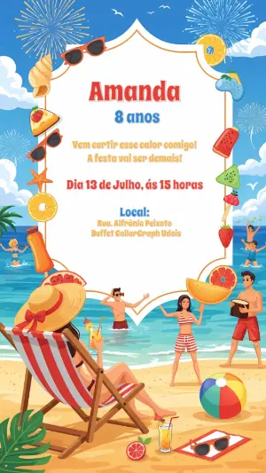 Convite de Aniversário Verão Praia Editável Online