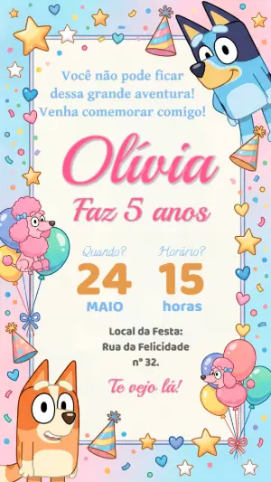 Convite de Aniversário Bluey e Bingo Rosa Editável para Menina