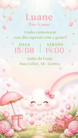 Convite de Aniversário Chuva de Amor Editável para Menina