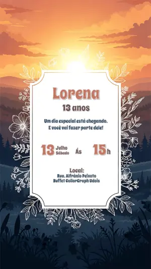 Convite de Aniversário Pôr do Sol na Floresta para Editar Online