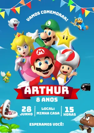 Convite de Aniversário Super Mario Bros com Personagens para Editar