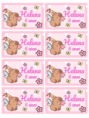 Rótulo de Aniversário Capivara Fada Rosa Modelo Editável