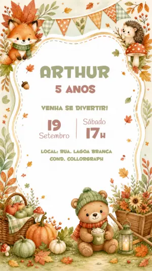 Convite Aniversário Ursinho Colheita Editável