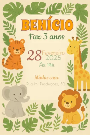 Convite Aniversário Safari com Animais Fofos para Editar Online