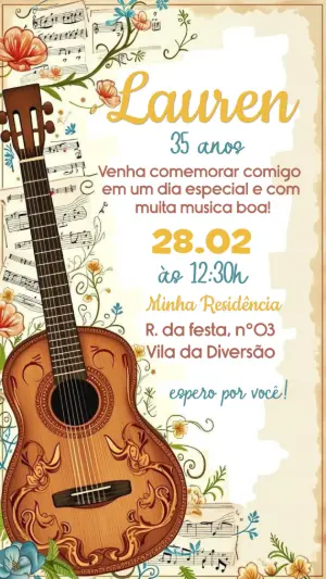 Convite de Aniversário Musical com Violão Rústico Editável