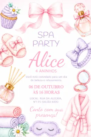 Convite de Aniversário Spa Party Menina Rosa Editável