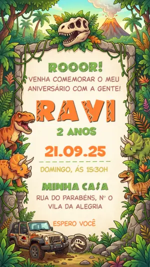 Invitación de cumpleaños Dinosaurio – Estático – Festôu Convites