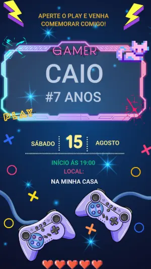 Convite de Aniversário Gamer Neon Azul e Roxo para Editar