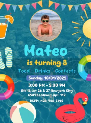 Fun Pool Party Birthday Invitation Editable Template with photo