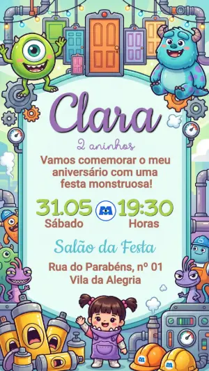 Convite de Aniversário Monstros SA Infantil para Editar