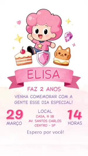 Convite de Aniversário Infantil Herói de Cristal Rosa Editável