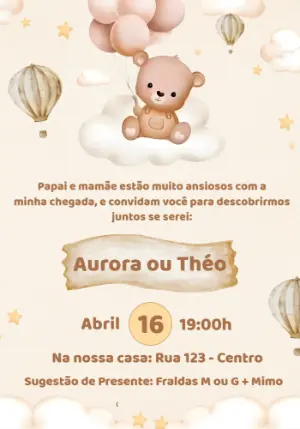 Convite Chá Revelação Ursinho Baloeiro Nude Editável