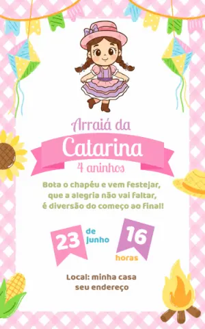 Convite Festa Junina Menina Caipira Fofo Editável