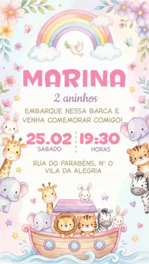 Convite Digital Aniversário Arca de Noé Menina para Editar