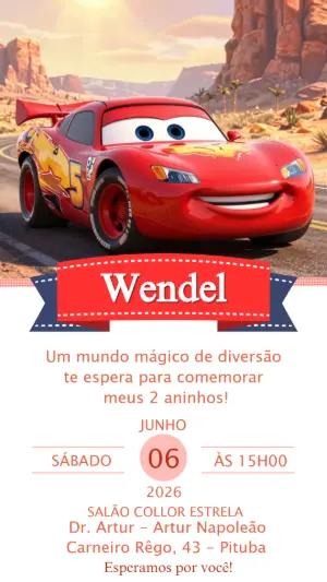Convite de Aniversário Carros Relâmpago McQueen Editável