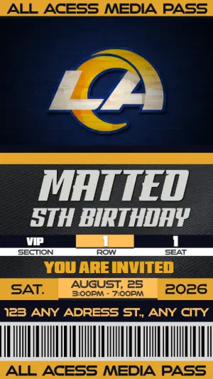 Editable Football Media Pass Birthday Invitation Los Angeles Rams. NFL