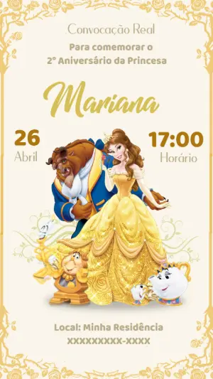 Convite Aniversário A Bela e a Fera para Editar Online