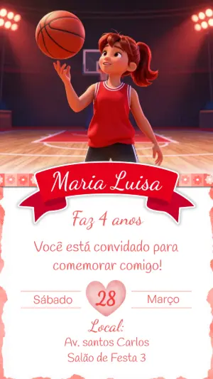 Convite de Aniversário Basquete Menina 3D para Editar