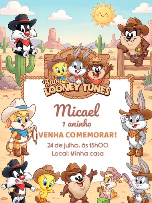 Convite de Aniversário Baby Looney Tunes Faroeste Editável