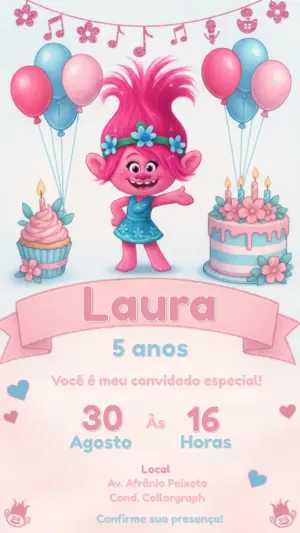 Convite de Aniversário Trolls Poppy Colorido para Editar