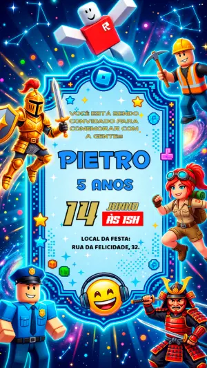 Convite de Aniversário Roblox Gamer Colorido para Editar