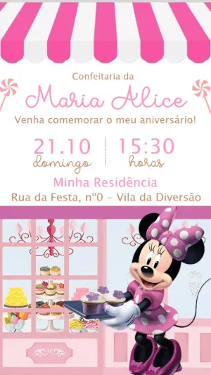 Convite Aniversário Confeitaria da Minnie Rosa Editável