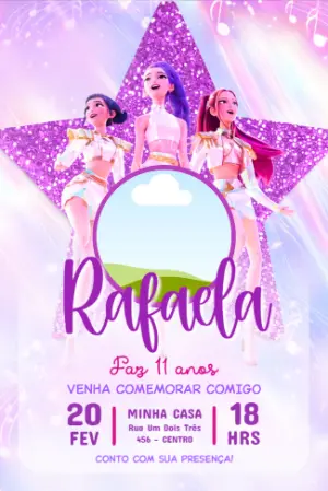 Convite de Aniversário Guerreiras do K-pop Roxo com Glitter Editável