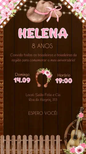 Convite de Aniversário Cowgirl Rosa e Marrom Editável