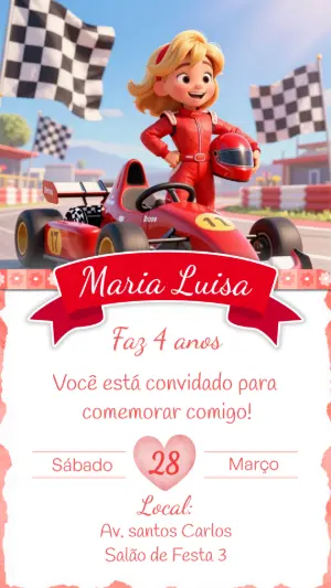 Convite de Aniversário Corrida de Kart Menina Modelo Editável