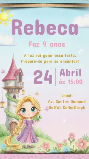 Convite de Aniversário Rapunzel em Aquarela para Editar