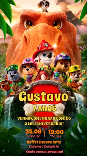 Convite Digital Patrulha Canina Aventura Dino para Editar