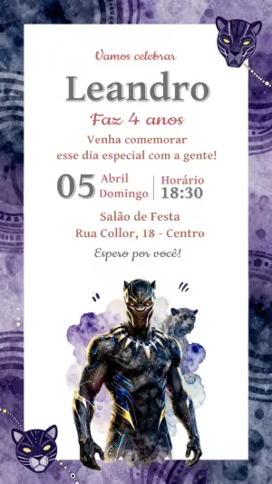 Convite de Aniversário Pantera Negra Estilo Aquarela para Editar