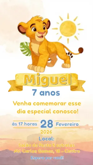 Convite de Aniversário Infantil Rei Leão Simba para Editar Online