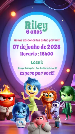 Convite Aniversário Divertida Mente 2 com Personagens para Editar