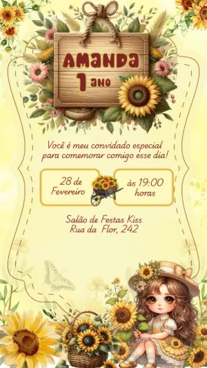 Convite Aniversário Girassol Delicado para Editar Online