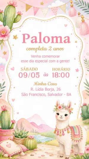 Convite de Aniversário Lhama Fofa Aquarela para Editar