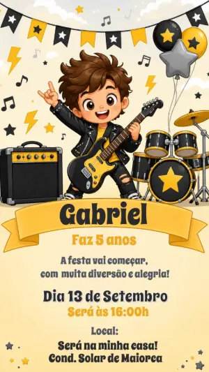 Convite de Aniversário Rock Star Menino Editável