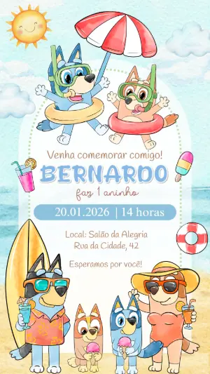 Convite de Aniversário Bluey na Praia Modelo Digital para Editar