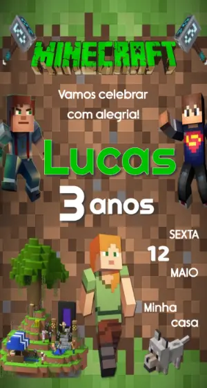 Convite de Aniversário Infantil Minecraft Editável