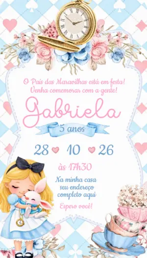 Convite de Aniversário Alice no País das Maravilhas Editável