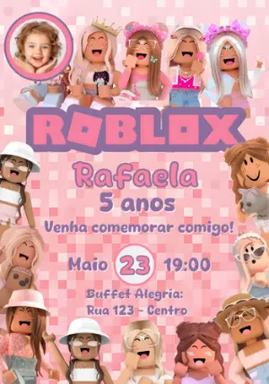 Convite de Aniversário Roblox Menina com Foto Editável