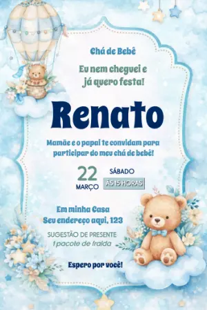Convite Chá de Bebê Ursinho no Balão Azul para Editar