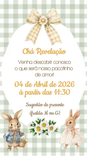 Convite Chá Revelação Páscoa com Coelhinhos Aquarela Editável
