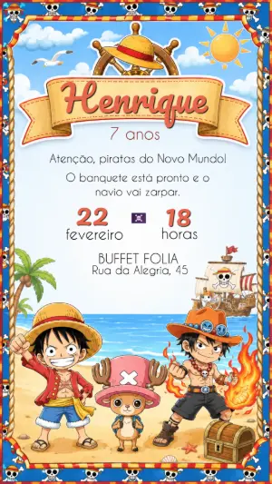 Convite de Aniversário One Piece com Luffy e Ace para Editar