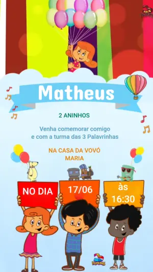 Convite Animado 3 Palavrinhas para Aniversário Infantil para Editar