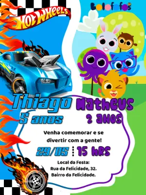 Convite de Aniversário Duplo Hotwheels e Bolofofos para Editar