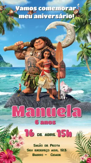 Convite de Aniversário Moana e Maui para Editar Online