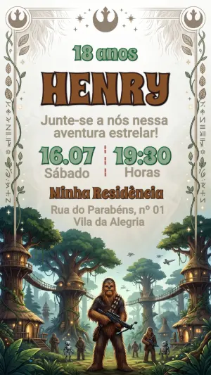 Convite de Aniversário Star Wars Chewbacca Editável