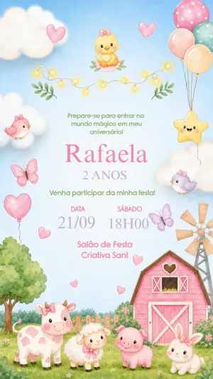 Convite de Aniversário Fazendinha Rosa Editável