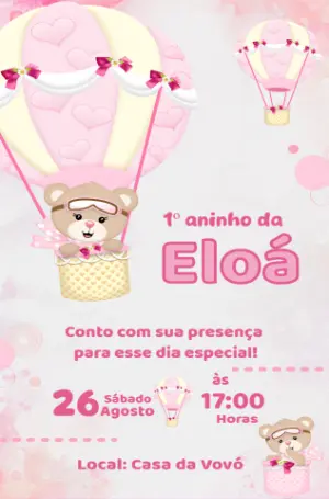 Convite Aniversário Ursinha Baloeira para Editar Online